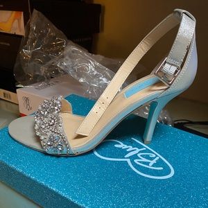 Silver ankle strap heels with crystal trim